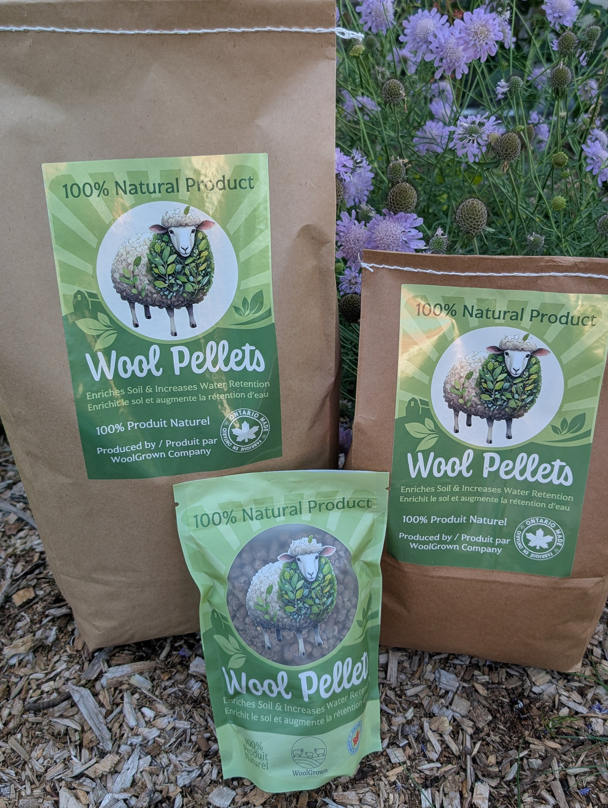 WoolGrown wool pellet bags in 350g, 5lb, and 10lb sizes